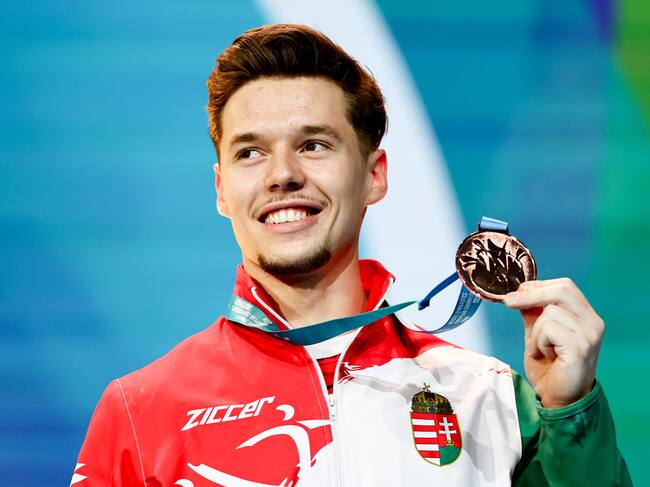 Leipzig (Germany), 29/05/2025.- Hungary's Krisztofer Meszaros celebrates winning the bronze medal of the men's All round final competition at the European Artistic Gymnastic Championships in Leipzig, Germany, 29 May 2025. (Alemania, Hungría) EFE/EPA/FILIP SINGER