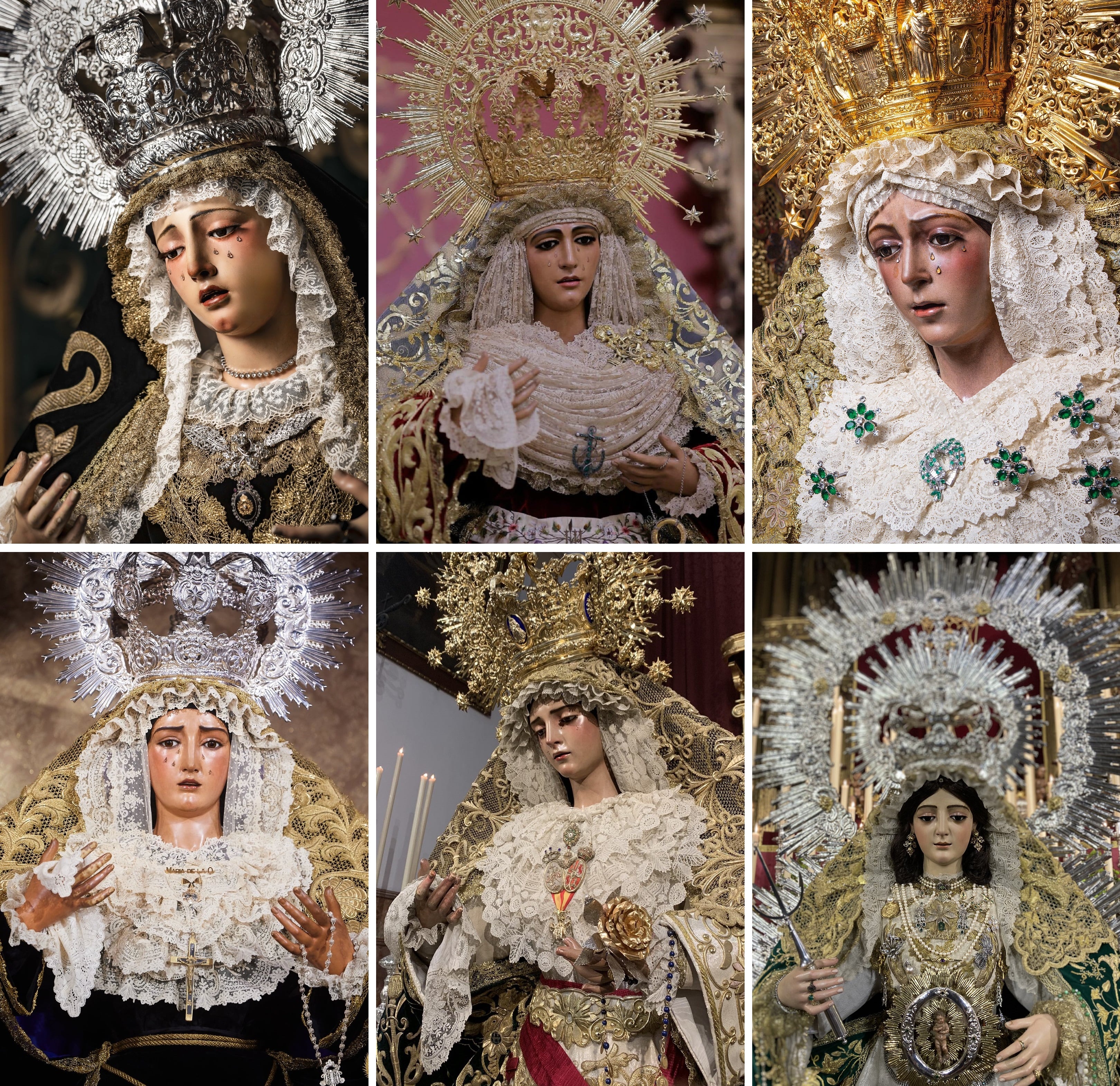 De izquierda a derecha y de arriba a abajo, la Esperanza Trinitaria, la de Triana, la Macarena, La O, Gracia y Esperanza de San Roque y la Divina Enfermera de la Sagrada Lanzada