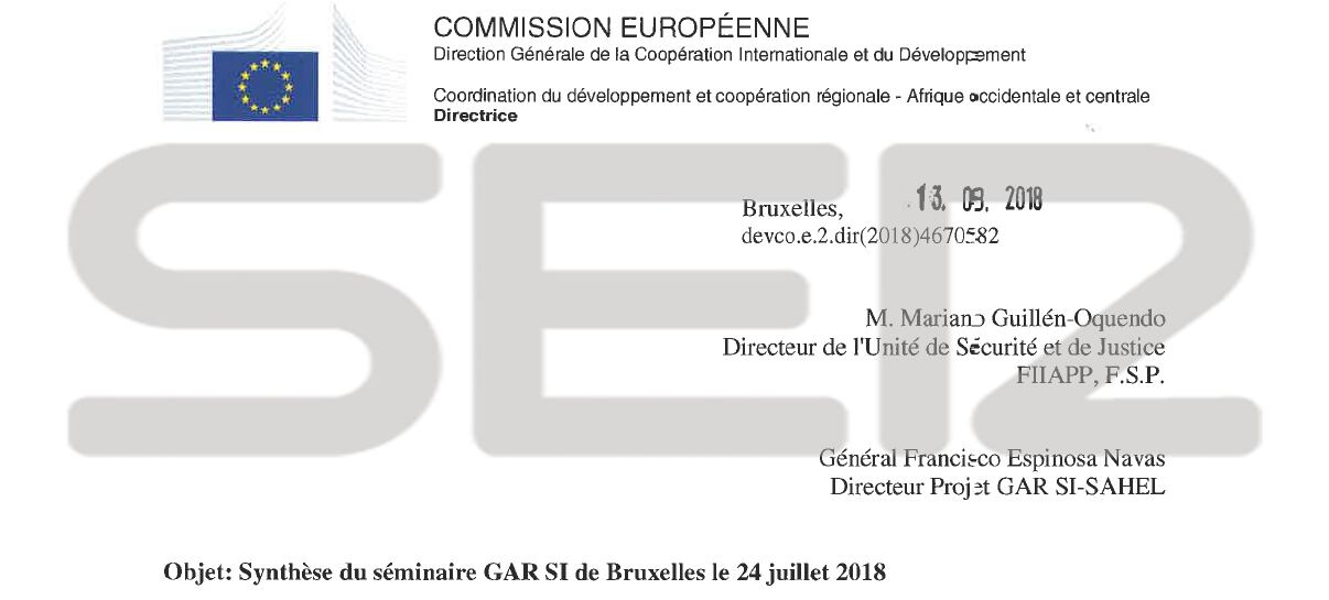 La carta enviada por la coordinadora de Cooperación en África Occidental de la UE, Carla Montesi al general de división de la Guardia Civil, Francisco Espinosa Navas