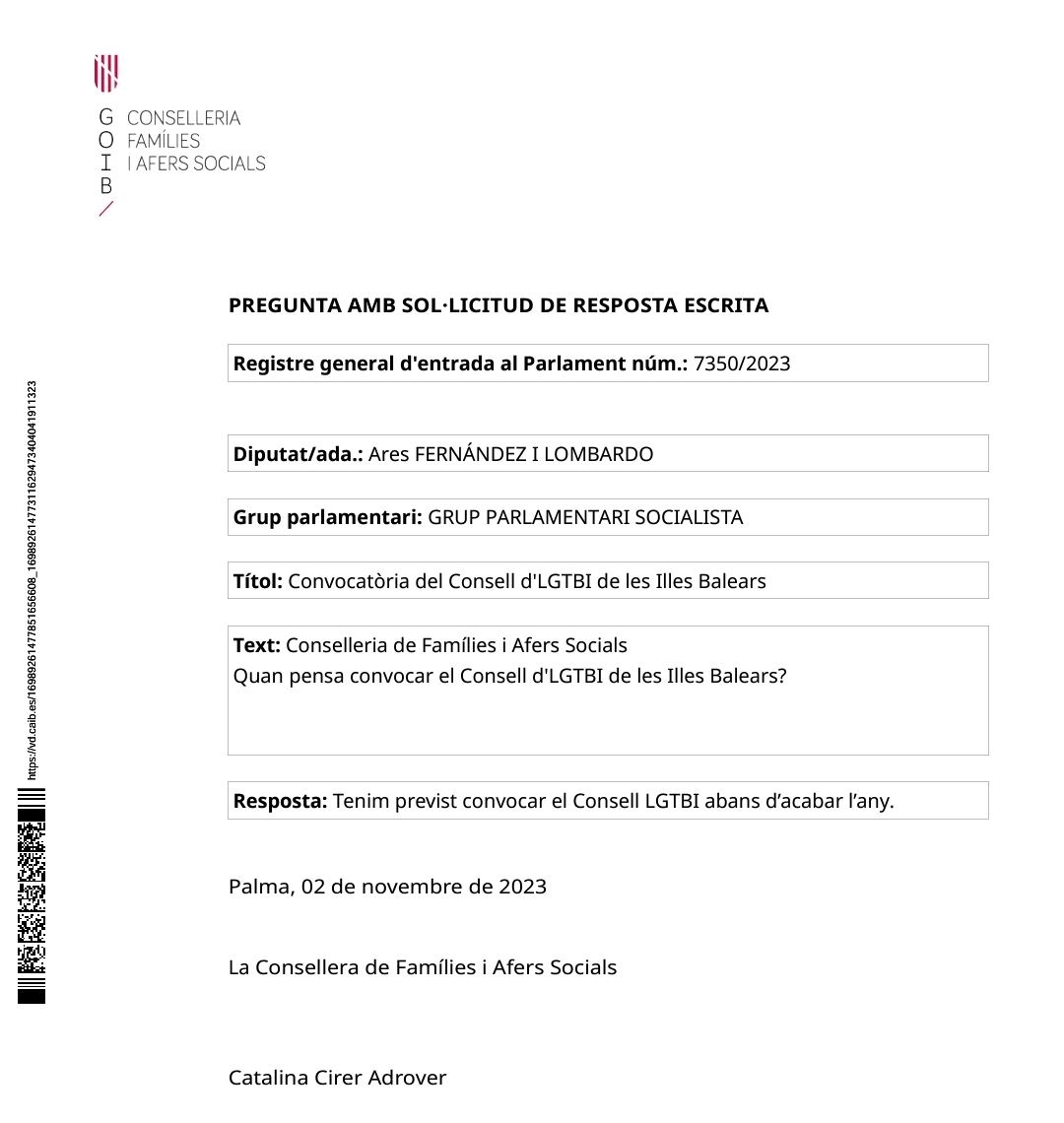 Imagen de la respuesta por escrito del Govern a la pregunta del diputado socialista, Ares Fernández