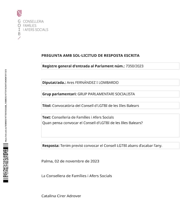 Imagen de la respuesta por escrito del Govern a la pregunta del diputado socialista, Ares Fernández