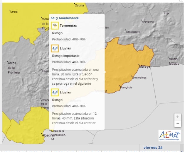 Aviso de riesgo importante por lluvias en málaga para este jueves.