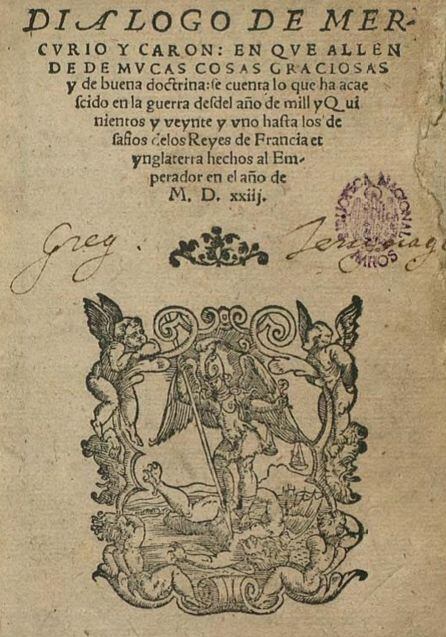 Portada de &#039;Diálogo de Mercurio y Carón&#039; de Alfonso de Valdés.