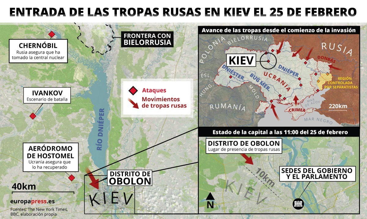 Avance hacia Kiev de las tropas rusas en el conflicto militar con Ucrania. Las Fuerzas Armadas de Rusia han intensificado en las últimas horas su ofensiva sobre Kiev, con movilizaciones por tierra y aire que hacen temer una próxima entrada en la capital ucraniana, donde un edificio de nueve plantas ha sufrido graves daños por el supuesto derribo de una aeronave.