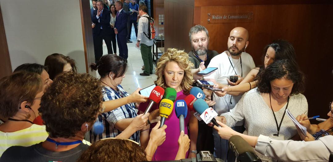 La portavoz del PP, Teresa Mallada, atiende a los medios de comunicación tras el pleno en el que se ha eligido en segunda votación a Adrián Barbón como presidente del Principado.