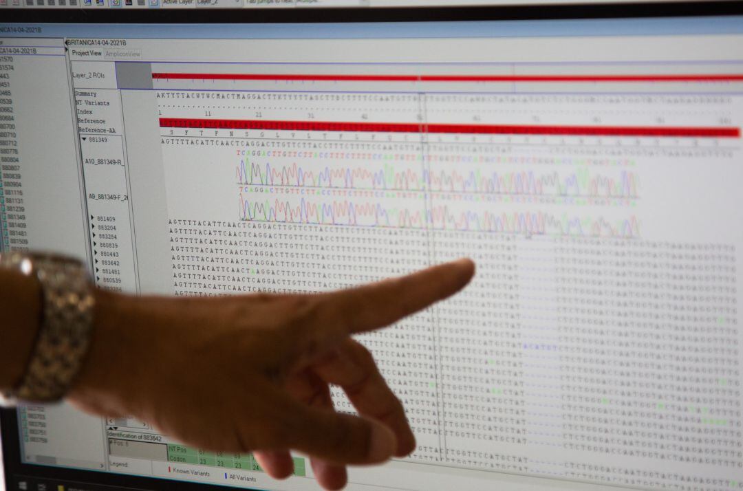 Una investigadora trabaja con el ordenador en el laboratorio de Microbiología del Hospital Universitario de Badajoz, a 15 de abril de 2021. En este laboratorio realizan la secuenciación de las muestras de coronavirus para confirmar algunas de las mutacion