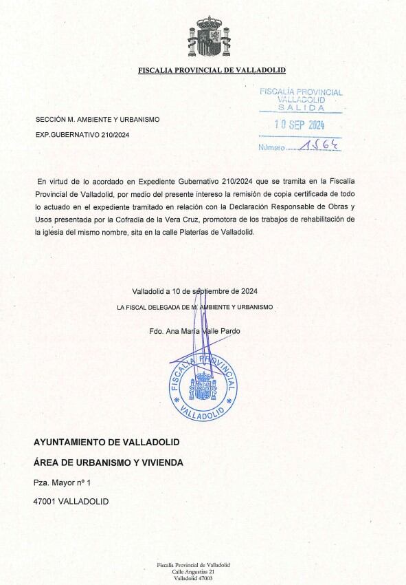 Notificación de la Fiscalía al Ayuntamiento sobre la investigación de la Vera Cruz