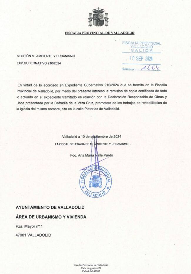 Notificación de la Fiscalía al Ayuntamiento sobre la investigación de la Vera Cruz