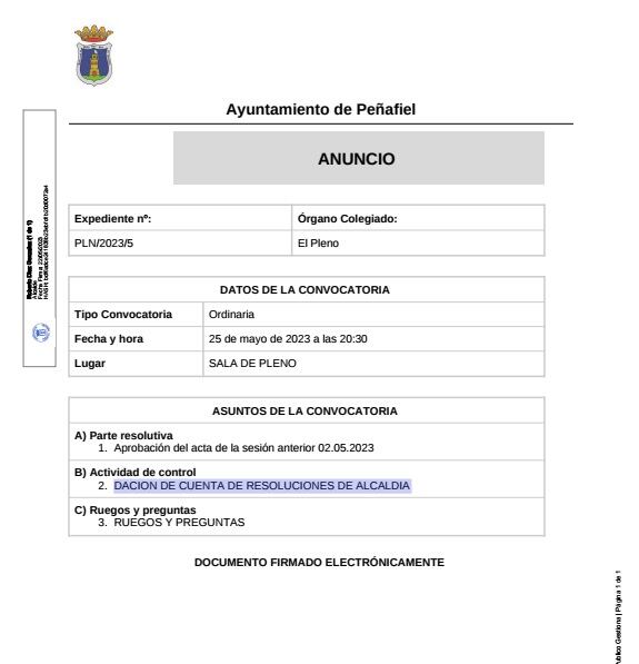 El acta de la sesión plenaria prevista para este jueves