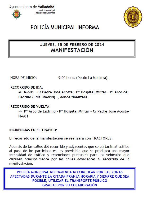 Aviso de la Policía Municipal de Valladolid por la tractorada del jueves 15 de febrero