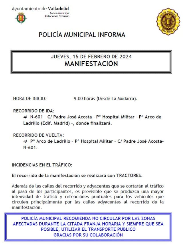 Aviso de la Policía Municipal de Valladolid por la tractorada del jueves 15 de febrero
