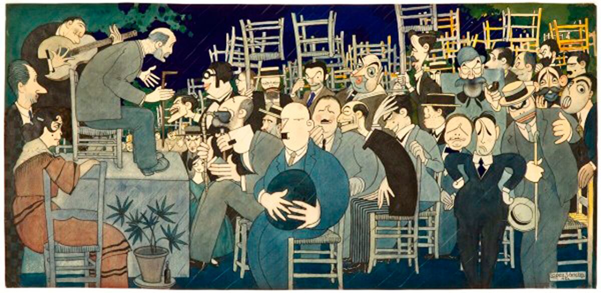 Caricatura dibujada por Antonio López Sancho en la que aparecen 31 personajes ligados al Concurso de Cante