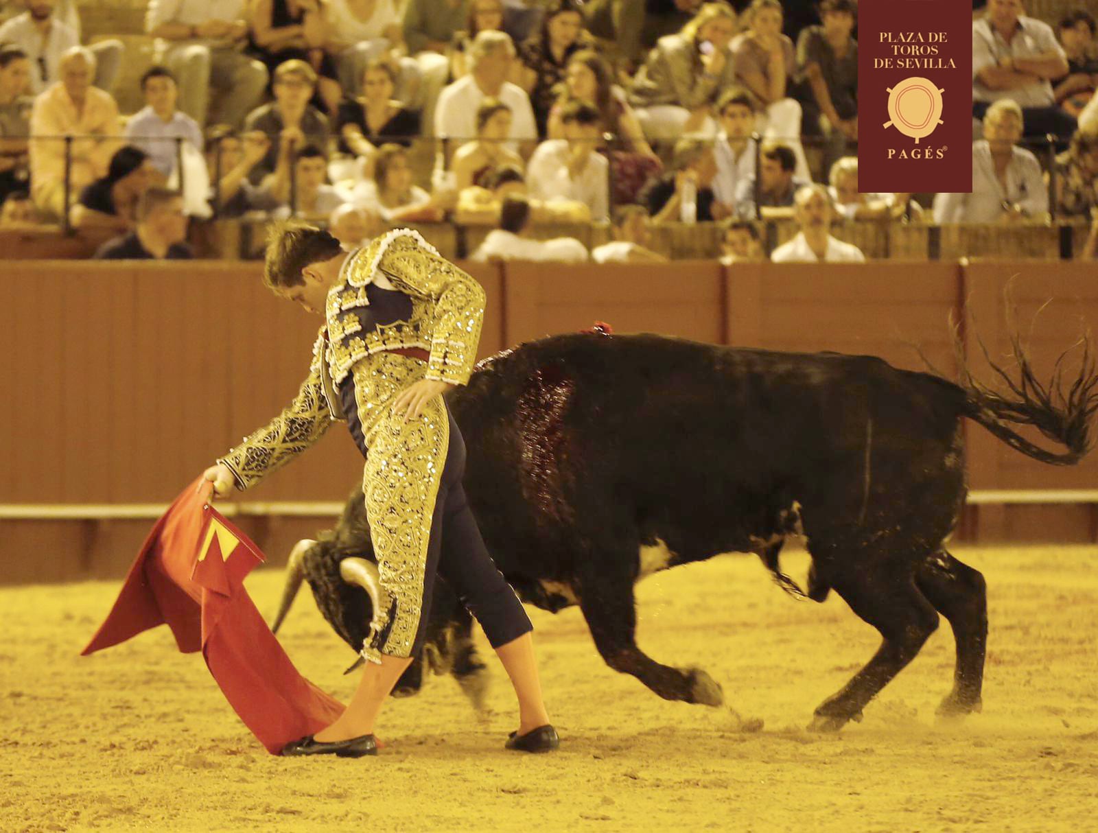 El novillero sevillano Jesús Álvarez en un pase por alto durante la novillada celebrada el jueves en la Maestranza