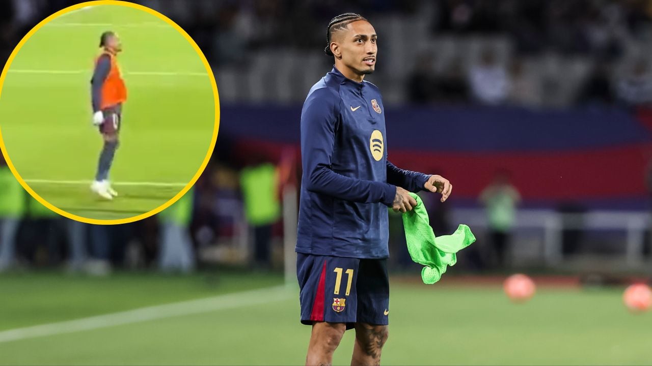 Raphinha, durante el calentamiento antes de entrar a jugar en el FC Barcelona-RCD Mallorca