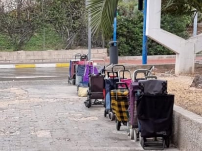 Carros de la compra preparados para recoger la comida que distribuyen entre población vulnerable la AAVV Colonia Requena y varias ONGs en los locales junto al retén de Policía Local