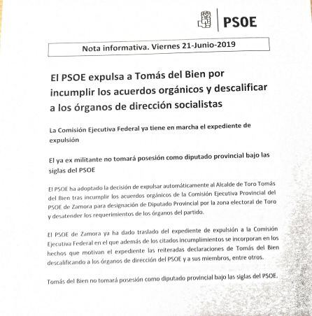 Comunicado de expulsi&oacute;n de Tom&aacute;s del Bien remitido a esta redacci&oacute;n