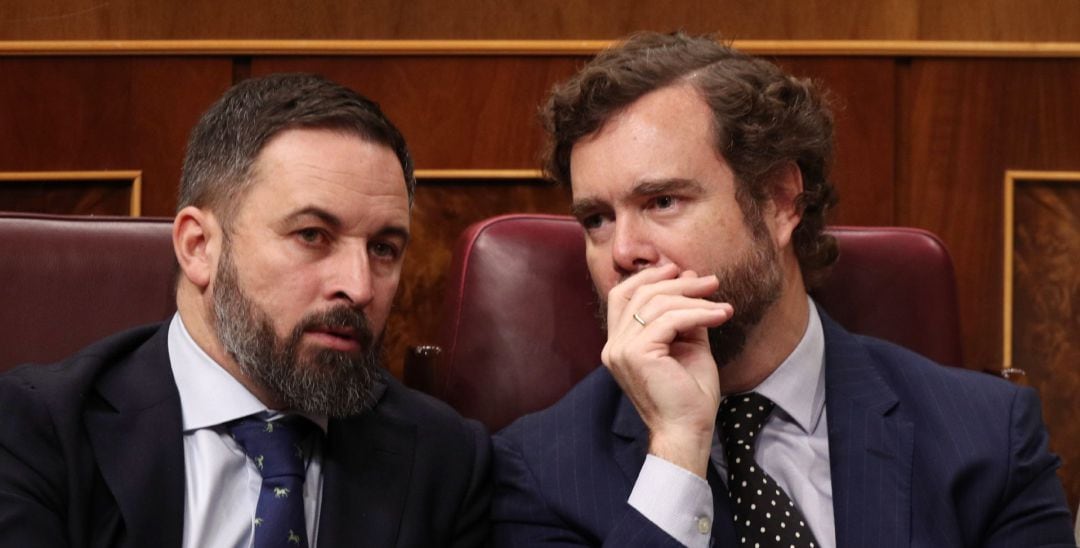 El presidente de Vox, Santiago Abascal, y el portavoz en el Congreso, Iván Espinosa de los Monteros, hablando en el hemiciclo en una imagen de archivo. 