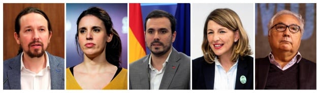 De izquierda a derecha; Pablo Iglesias, Irene Montero, Alberto Garzón, Yolanda Díaz y Manuel Castells.