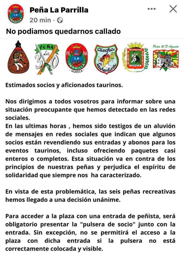 Comunicado de las Peñas Recreativas en redes sociales
