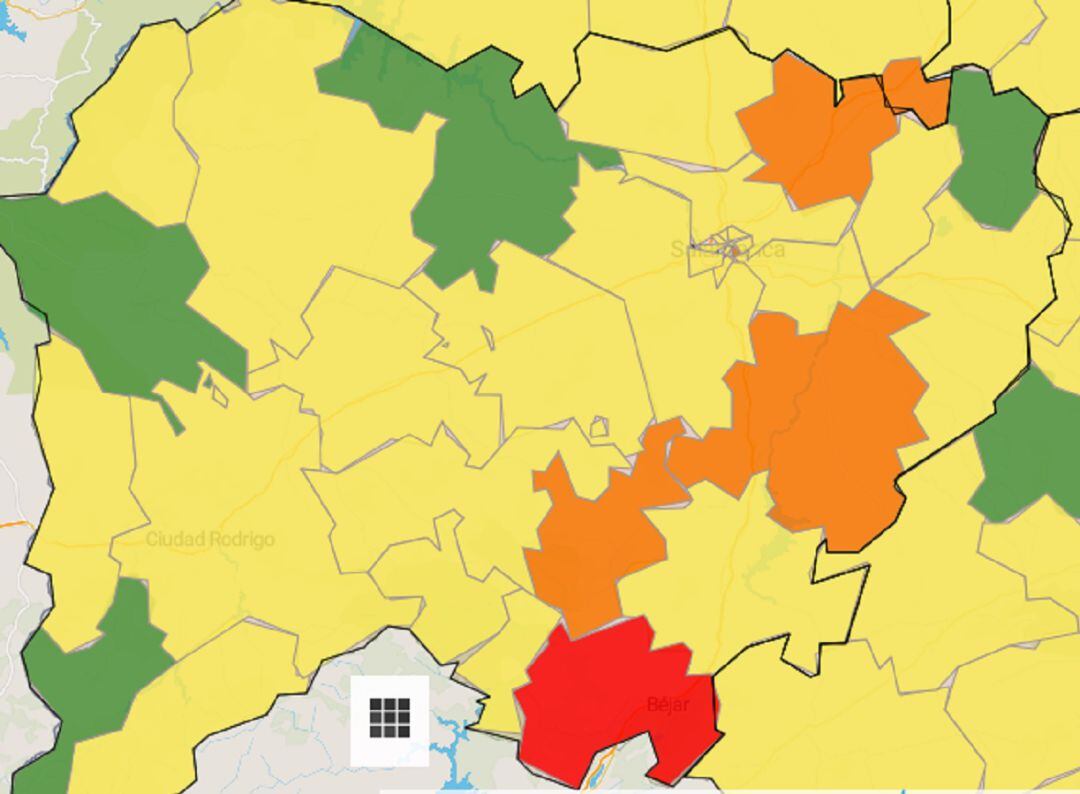 Mapa de la incidencia de coronavirus este miércoles en Salamanca.