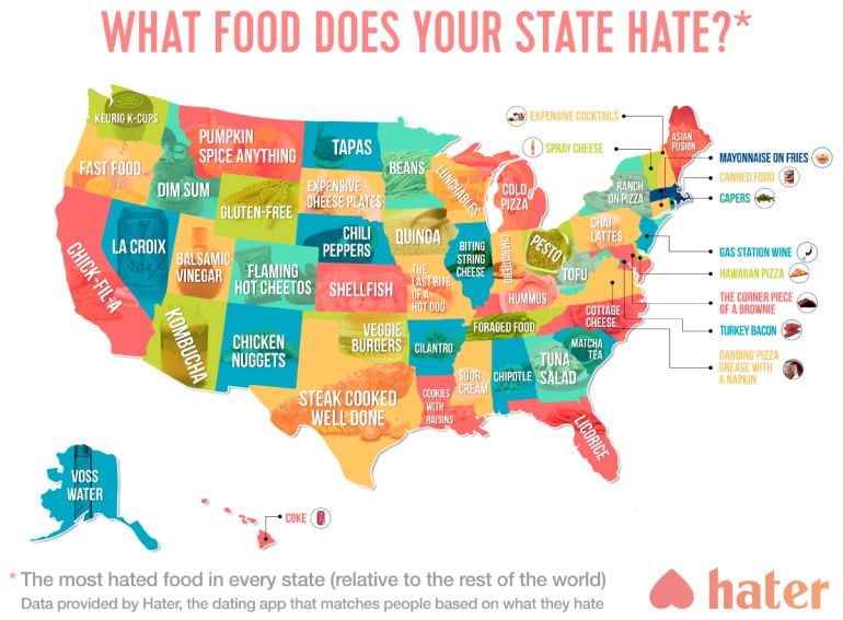 Mapa de las fobias gastronómicas de EE UU.