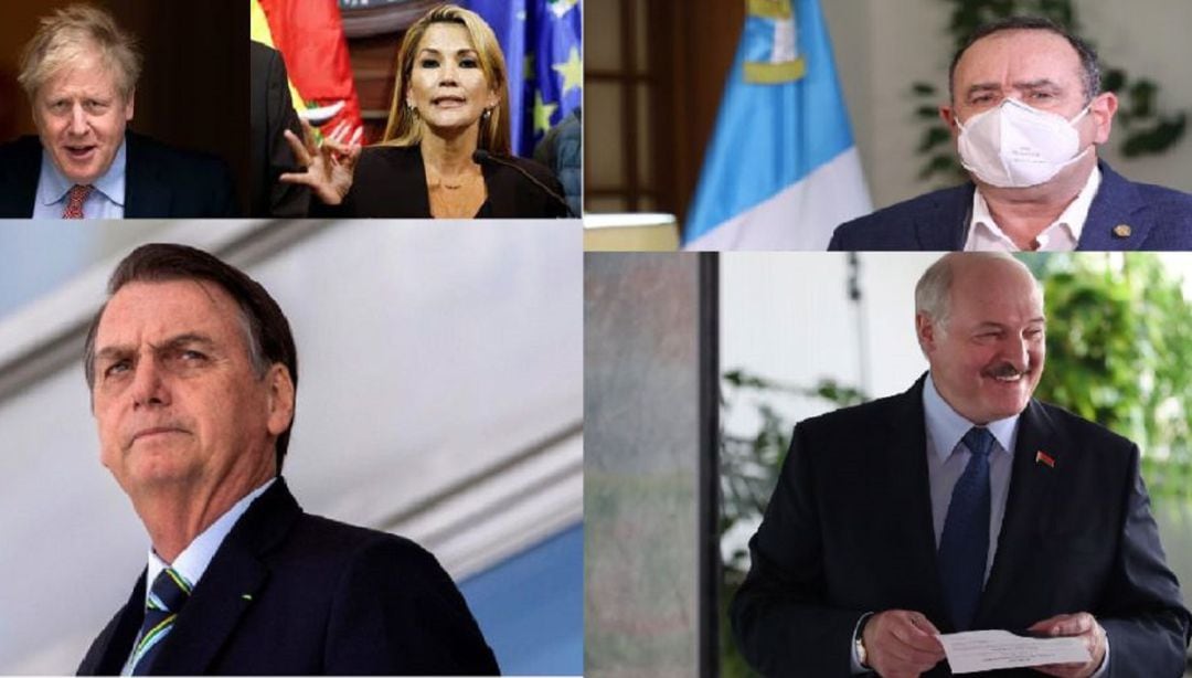 De arriba a la izquierda, el primer ministro británico, la presidenta interina de Bolivia, y los presidentes de Guatemala, Brasil y Bielorrusia.