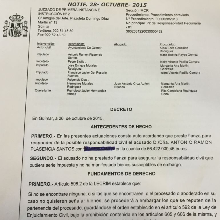 Decreto del Juzgado número 2 de Güimar por la que se embarga los bienes de Antonio Plasencia por 66 millones de euros.