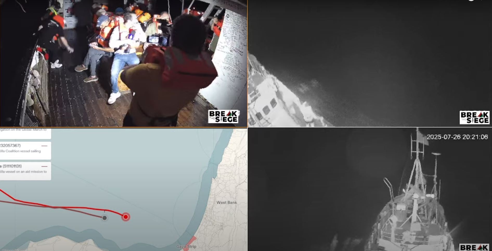 Captura de video cedido por la Coalición Flotilla de la Libertad del interior y exterior del barco Handala ubicado a cuarenta millas náuticas de la costa de Gaza en aguas internacionales