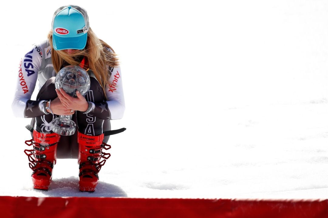  World Cup winner Mikaela Shiffrin of the U.S. poses with the trophy  