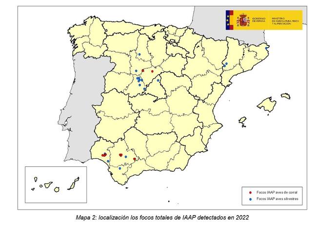 Situación de los focos de gripe aviar en España a 21 de febrero de 2022