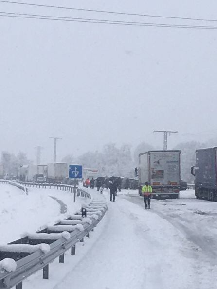Camiones, autobuses, vehículos... el caos en la A-66 este sábado por la mañana.