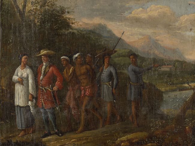 Dutch merchant with two enslaved men in a hilly landscape, 1700-1725. Autor desconocido
