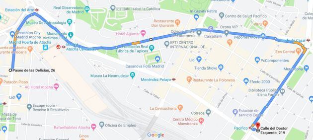 Recorrido que, según la sentencia, hizo el taxi con el hombre en el techo