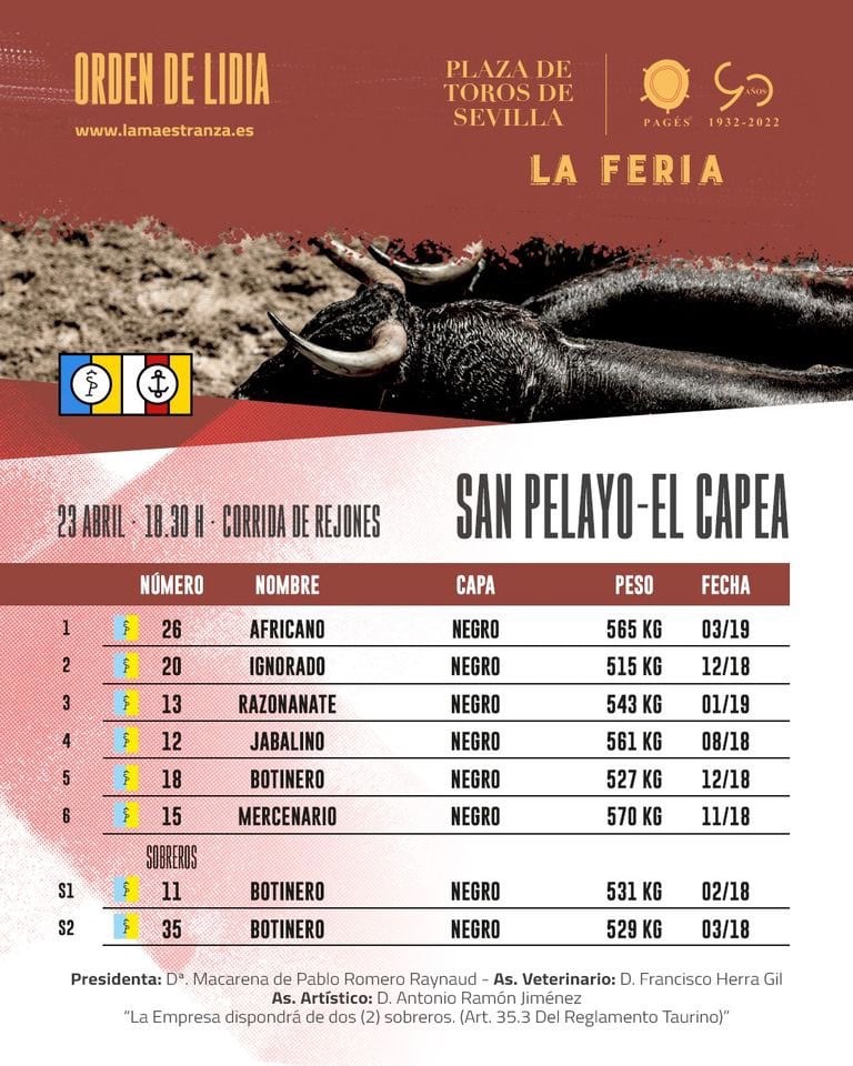 Orden de lidia de los toros de San Pelayo-El Capea para el festejo de rejones