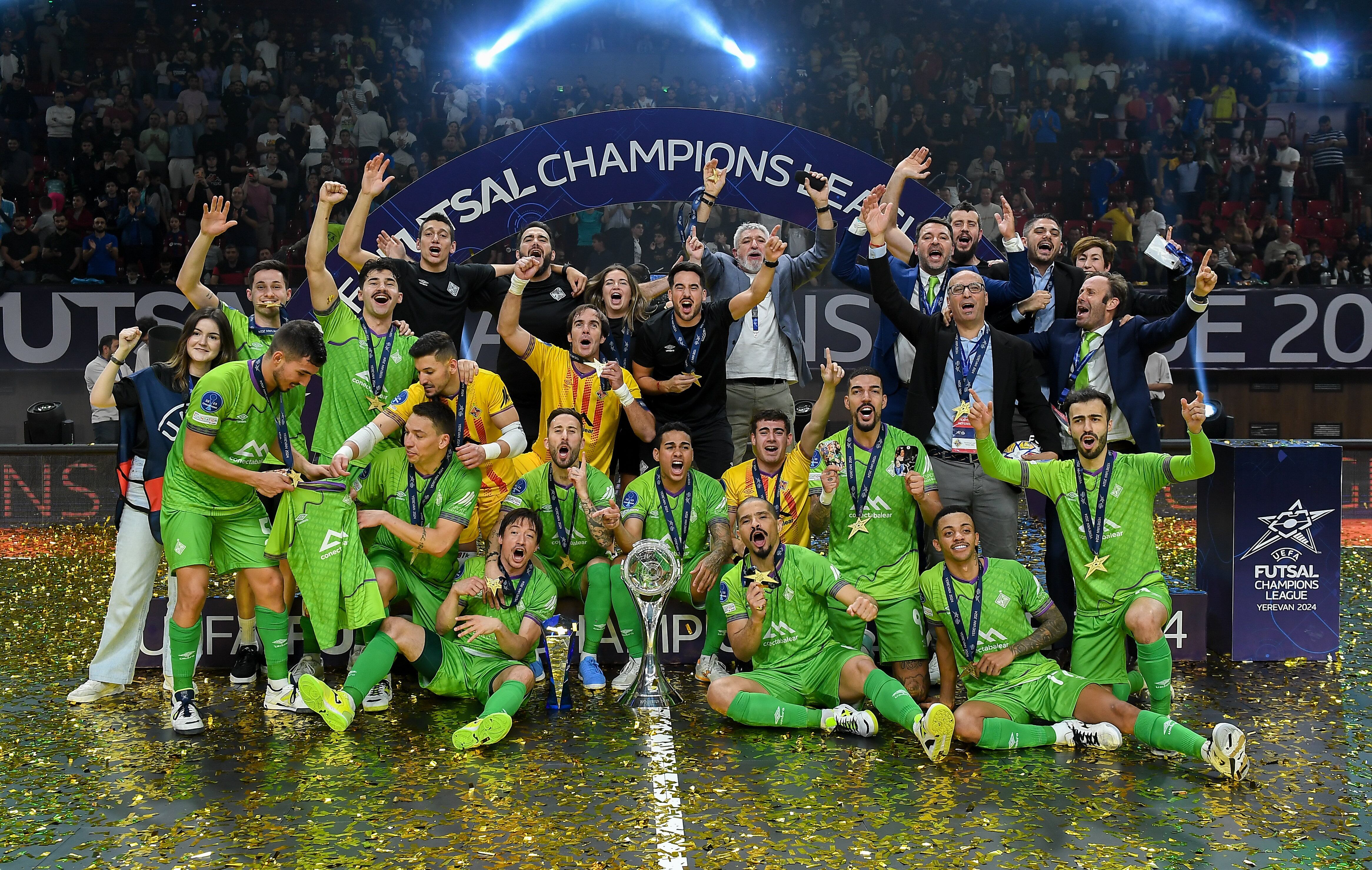 YEREVAN, ARMENIA - MAY 05: AE Mallorca Palma Futsal players celebrate with the trophy after the UEFA Futsal Champions League Finals 2023/24 Final match between FC Barcelona and AE Mallorca Palma Futsal in the Demirchyan Arena on May 5, 2024 in Yerevan, Armenia. (Photo by Matt Browne - Sportsfile/UEFA via Getty Images)