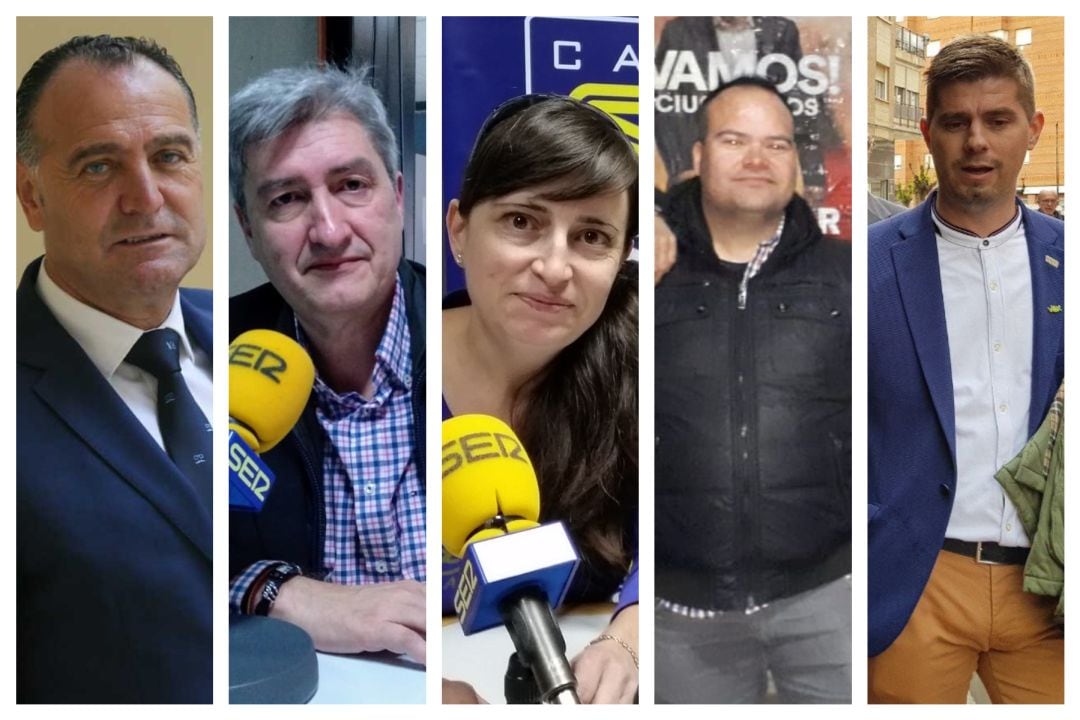 Candidatos a la Alcadía de Tarancón: José Manuel López Carrizo (PSOE), José Manuel Salas (PP), Carolina Rey (Unidas Podemos), Álvaro López (C'S) y David Borja (VOX).