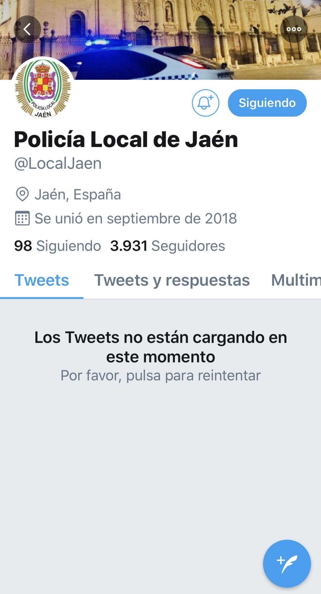 Cuenta de Twitter de la Policía Local de Jaén este domingo.