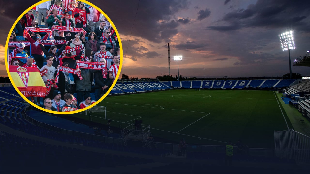 El estadio municipal de Butarque, junto a una miniatura de aficionados del Real Sporting