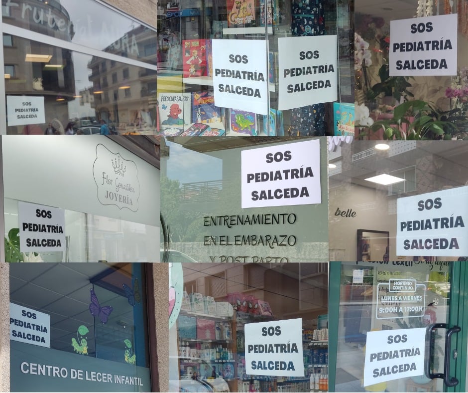 Carteles de protesta en establecimientos comerciales en Salceda por la situación de la pediatría