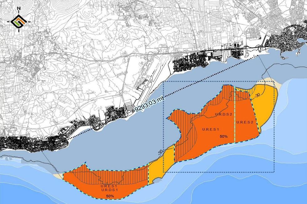 Zona prevista para la instalación de las jaulas de acuicultura, frente a Arrecife y  San Bartolomé.