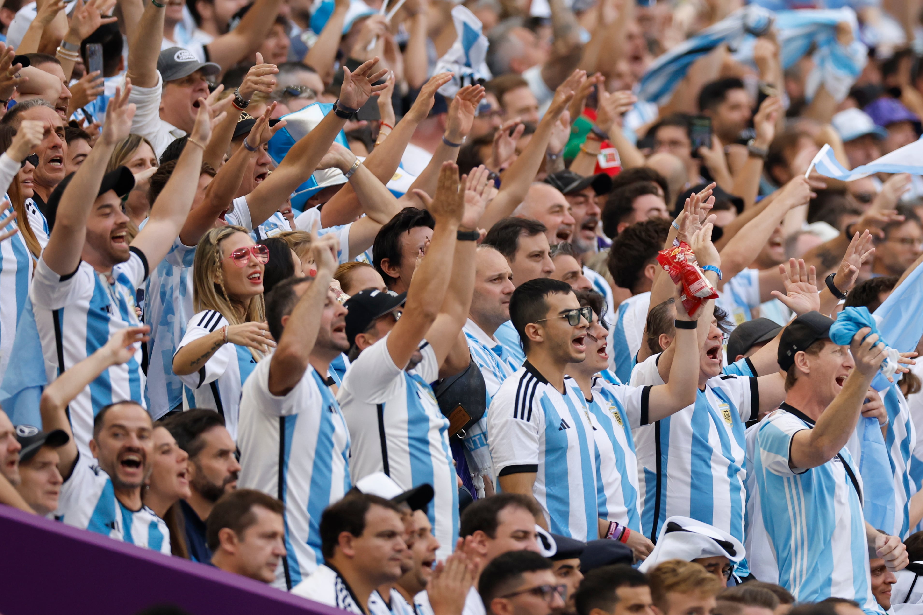 GR2008. LUSAIL (CATAR), 22/11/2022.- Aficionados de Argentina animan hoy, en un partido de la fase de grupos del Mundial de Fútbol Qatar 2022 entre Argentina y Arabia Saudita en el estadio de Lusail  (Catar). EFE/ Juan Ignacio Roncoroni
