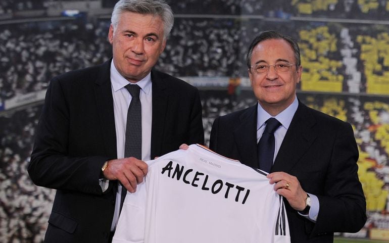 Carlo Ancelotti y Florentino Pérez, en la presentación del italiano como técnico del Real Madrid.