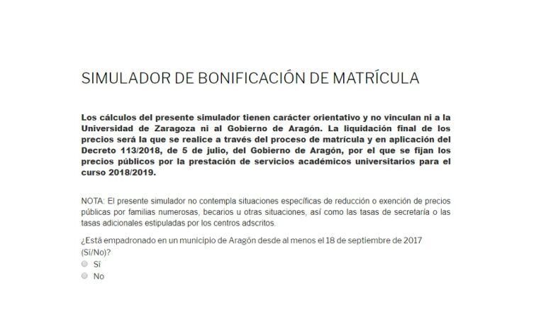 Captura de pantalla del simulador de bonificación de la matrícula de la Universidad de Zaragoza 