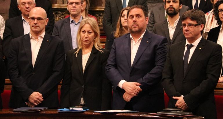 El consejero de Exteriores, Raül Romeva; la consejera de Presidencia, Neus Munté; el vicepresidente Oriol Junqueras y el presidente de la Generalitat, Carles Puigdemont.