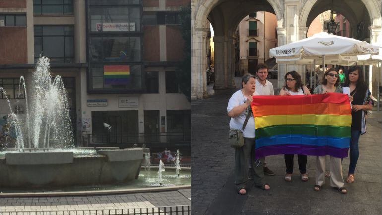 La bandera que ha puesto el gobierno en el Mercado Municipal, y miembros de PSOE e IU tras intentar colgar otra bandera en el balcón del Ayuntamiento