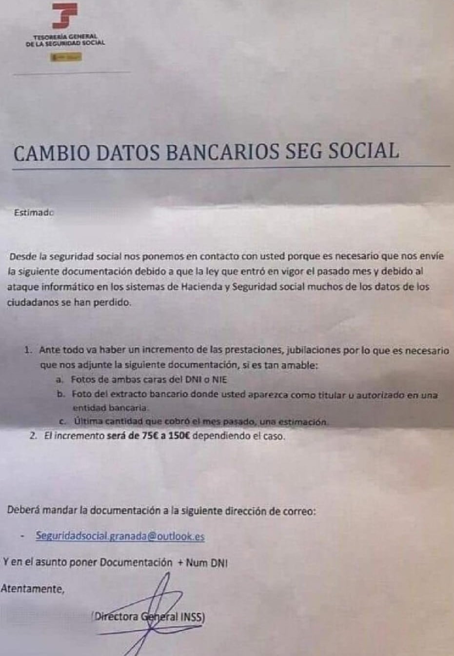 Foto de la carta recibida por pensionistas