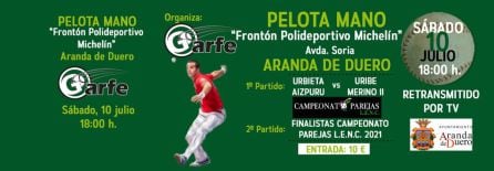 Cartel del festival del pelota de Garfe del próximo 10 de julio en Aranda de Duero.