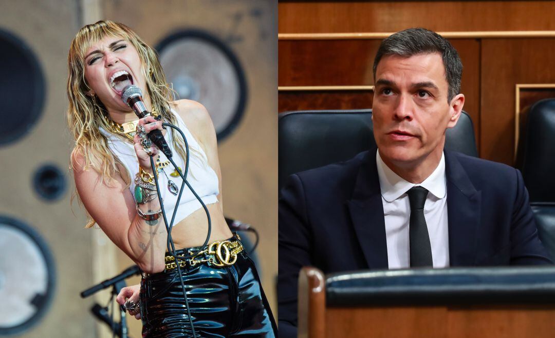 Miley Cyrus, durante un concierto en Glastombury. Pedro Sánchez, en el Congreso de los Diputados