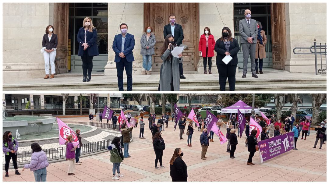 Arriba, acto institucional del 8-M en Cuenca, y abajo concentración simbólica de los sindicatos en la Plaza de España 