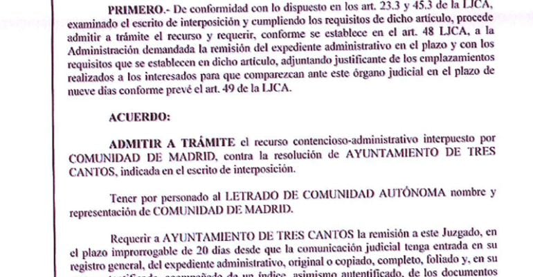 Admisión a trámite del contencioso interpuesto por la Comunidad de Madrid contra el ayuntamiento de Tres Cantos